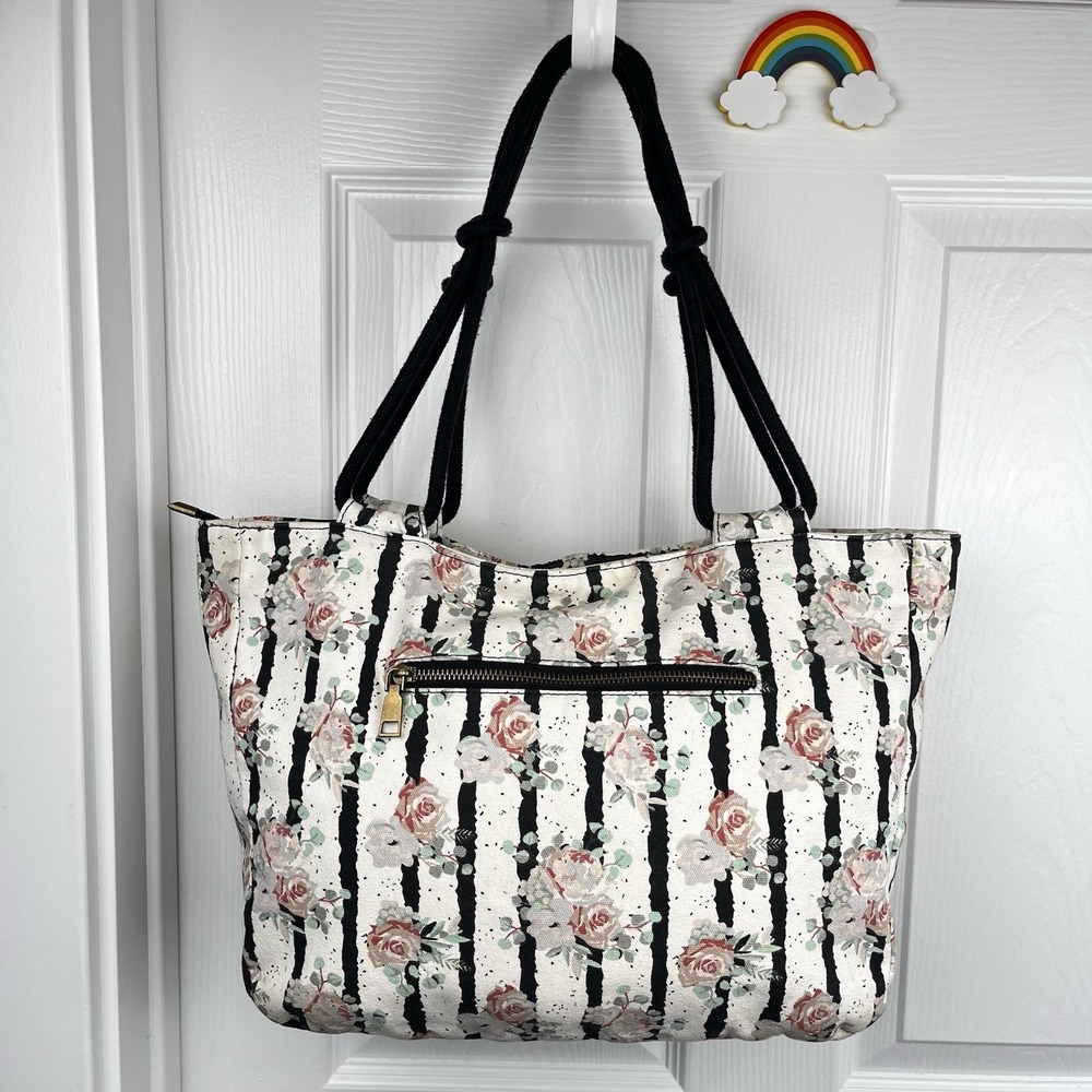 Farmhouse Is My Style Off White Floral Tote‎ Bag Black Rope Handles Zipper Purse - Picture 2 of 10